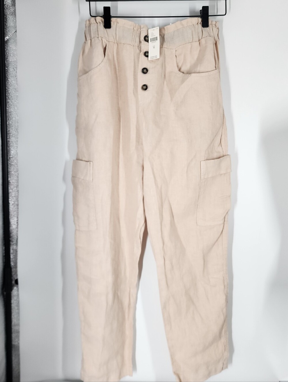 NEW 100% Linen High Waist Anthropologie Pants Cargo Beige Pull On Size Medium